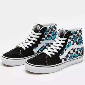 VANS SK8-HI Suede Canvas Blue Butterflies Black White Checkered Shoes Unisex